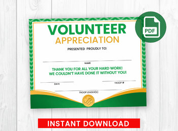 Volunteer Appreciation Certificate, Instant Download, Award Girl Scouts ...