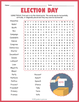 Voting and Election Day Word Search by Puzzles to Print | TpT