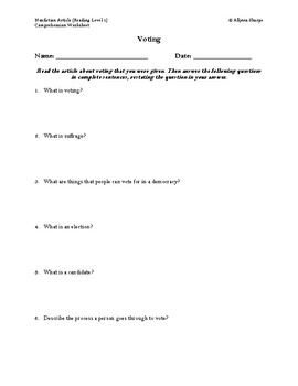 Preview of Voting Article (Reading Level 1) Comprehension Worksheet