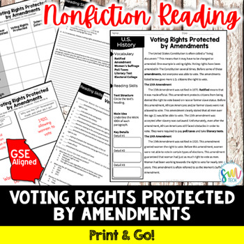 Preview of Voting Rights Reading & Writing Activity SS5CG3, SS5CG3a GSE Aligned