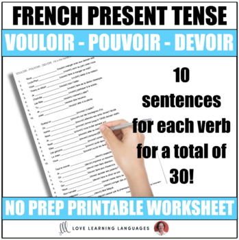 Preview of Vouloir - Pouvoir - Devoir -  French Grammar Worksheet - Present Tense