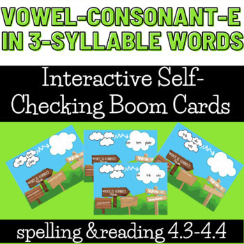 Preview of Boom Cards! Vowel-Consonant-E in 3 Syllable words Read and Spell 4.3 4.4