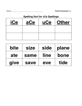 Vowel Consonant - e ( vCe ) - Cut and Paste Spelling Sort - 30 Words