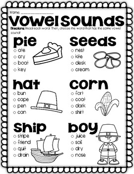 Preview of Vowel & Digraph Sounds Thanksgiving Worksheets