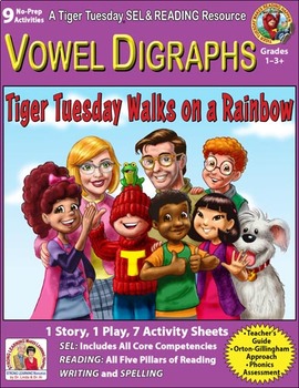 Preview of Vowel Digraphs - 9 No Prep Lessons & Activities - Tiger Walks on a Rainbow