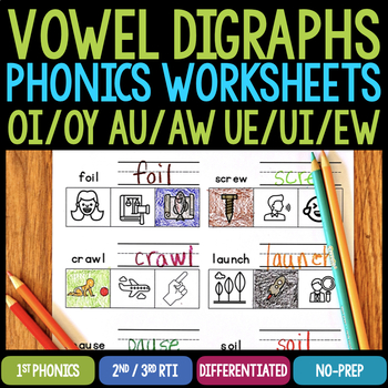 Preview of Vowel Digraphs OI - OY - AU - AW - UE - UI - EW Phonics Worksheets & Activities