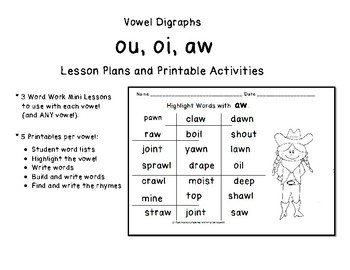 vowel digraphs oi ou aw lesson plans and practice worksheets activities