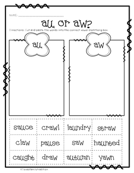 Vowel Diphthongs Worksheet Sorts by Texas Family Tradition | TpT