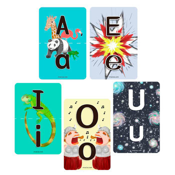 Preview of Vowel Flashcards: Illustrated Upper-Lower Case Vowels (Spanish, French, English)