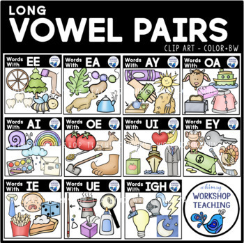 Preview of Long Vowel Pairs Big Bundle Clip Art Images Color Black White