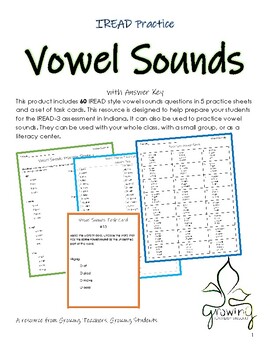 Preview of Vowel Sounds IREAD Third Grade Worksheets and Task Cards