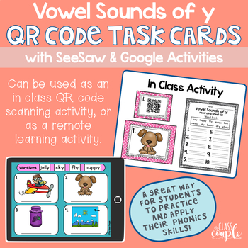 Preview of Vowel Sounds of y QR Code Task Cards with Distance Learning Option SeeSaw/Google
