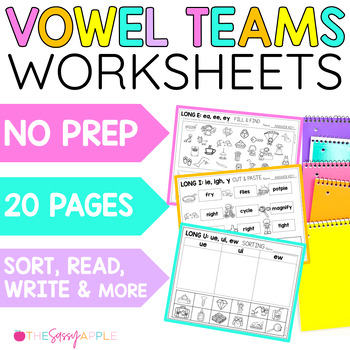 Preview of Vowel Team Activities Worksheets No Prep Long A, E, I, O, U Vowel Teams