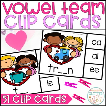 Preview of Vowel Team Clip Cards for Valentine's Day - Literacy Centers - 1st & 2nd Grade