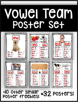 Preview of Vowel Team Posters: aw, ow, ou, ew, oy, oi, ee, ea, oo, ai, ay and more