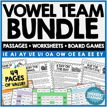 Preview of Vowel Team Passages, Worksheet & Board Game BUNDLE - ie ai ay ue ui oa ow + MORE