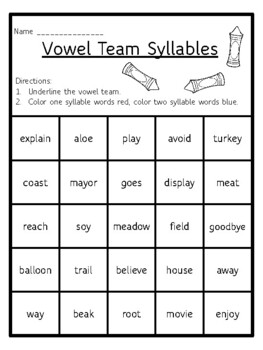 Vowel Team Syllables Worksheet Vowel Teams Worksheet One and Two Syllables