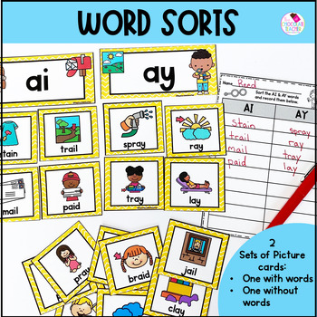 AI and AY Worksheets | Long A | Phonics Centers by The Chocolate Teacher