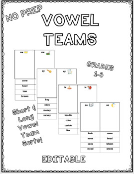 Preview of Vowel Teams - NO PREP Cut and Sort Activities for Short & Long Vowel Team Sounds