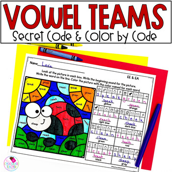 Preview of Vowel Teams Worksheets- Phonics Color by Code with Secret Code Long Vowel Words