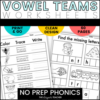 Preview of NO PREP Long Vowel Teams Worksheets Word Work BUNDLE Long A E I O OO Practice