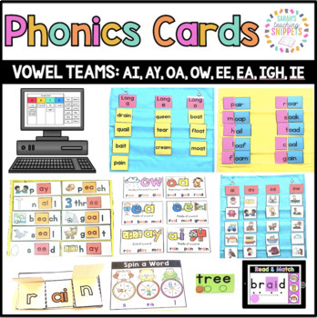 Preview of Phonics Cards: Long Vowel Teams ai, ay, ea, ea, igh, ie, oa, ow