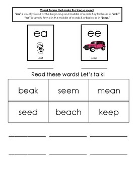 Preview of Vowel Teams for Long E Introduction Sheet