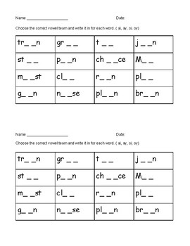 vowel team aiay and oioy worksheets by angelica chavez tpt