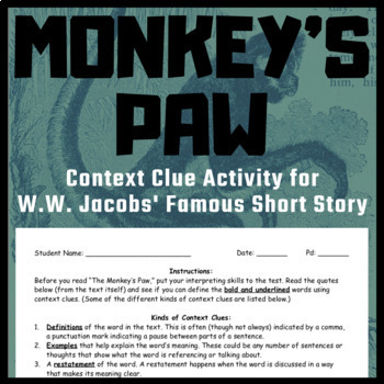 The Monkey's Printable Story and Context Clue Activity, W. W. Jacobs