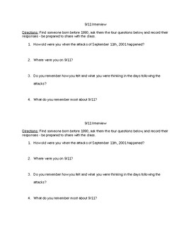 Preview of W8.7 - 9/11 Interview (questions for students to ask adults)