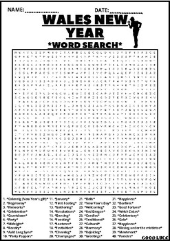 Preview of WALES NEW YEAR WORD SEARCH Puzzle Middle School Fun Activity Vocabulary