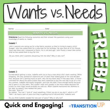 Preview of WANTS VS. NEEDS: FREEBIE- Financial Literacy- Worksheet- Activity
