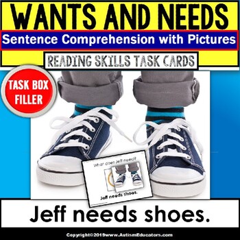 Preview of WANTS and NEEDS Sentence Comprehension Task Cards Task Box Filler for Autism