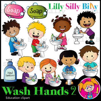 Preview of WASH HANDS 2 - B/W & Color clipart, illustration {Lilly Silly Billy}
