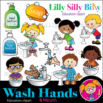 Preview of WASH HANDS - B/W & Color clipart, instructional illustration {Lilly Silly Billy}