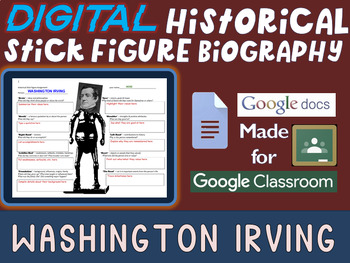 Preview of WASHINGTON IRVING Digital Historical Stick Figure (bio) Editable Google Docs