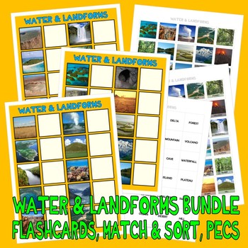 Preview of WATER & LANDFORMS BUNDLE : MATCH SORT SET & FLASHCARDS autism picture cards