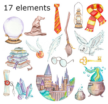 WATERCOLOR CLIPART magic school magician wizard witch university art png