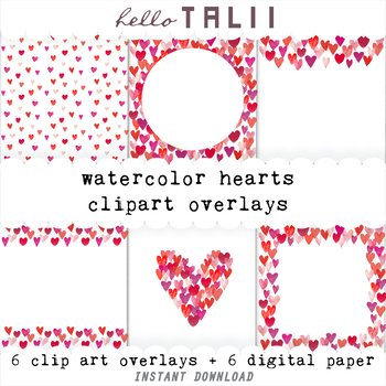 Preview of WATERCOLOR HEARTS Clipart Overlays- Transparent PNG + JPG Digital Papers