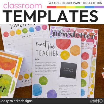 Preview of Rainbow Theme Editable Meet The Teacher Template + Class News | WATERCOLOR PAINT