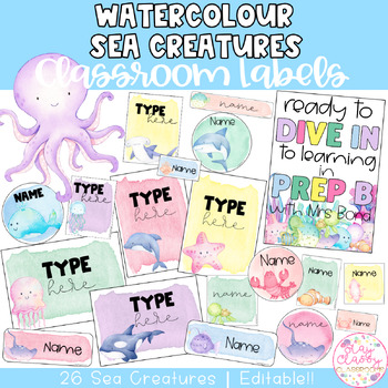 Preview of WATERCOLOUR SEA CREATURES Editable Name Tags, Labels, Posters, & Door Display