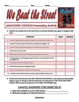 Preview of WE BEAT THE STREET Analyzing Choices Pre-Reading Activity