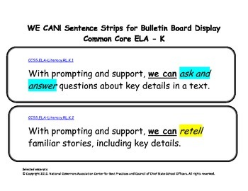 Preview of WE CAN Statements Sentence Strips for Kindergarten: Common Core
