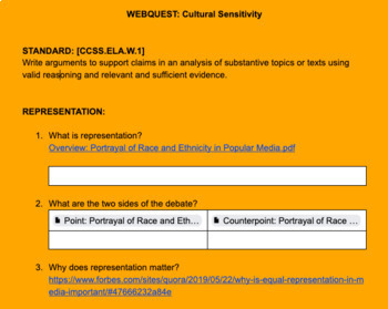 Preview of WEBQUEST: Cultural Sensitivity [CCSS.ELA.W.1] (EDITABLE)