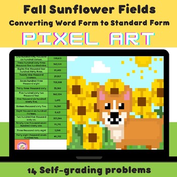 Preview of WEEKLY FREEBIE! Converting Word Form to Standard Form | Sunflower Fall Pixel Art