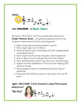 Preview of WELCOME TO MUSIC CLASS ! (cheerful greeting for parents/students)
