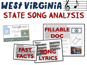Preview of WEST VIRGINIA State Song Analysis: fillable boxes, lyrics, analysis, fast facts