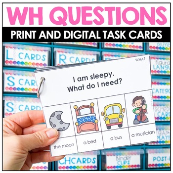 Preview of WH QUESTIONS Speech Therapy - Who, What, When, Where Task Cards Print + Digital