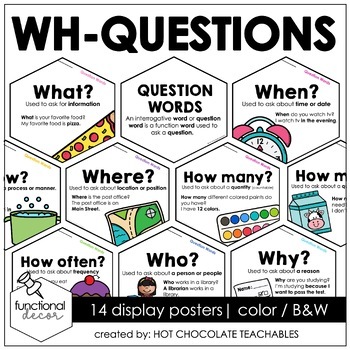 Preview of WH Question Word Posters ESL Grammar Bulletin Board Classroom Decor