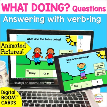 Preview of WH Questions BOOM Cards Present Tense Auxiliary Verbs Speech Therapy and ESL